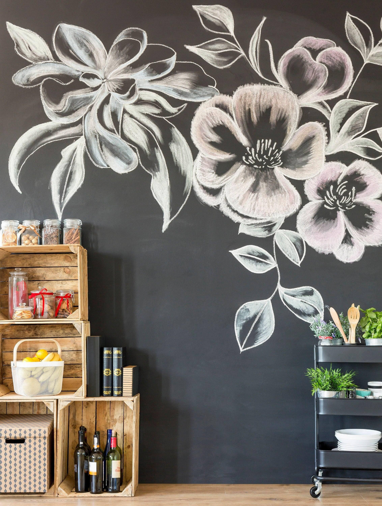 a wall with flowers drawn on it