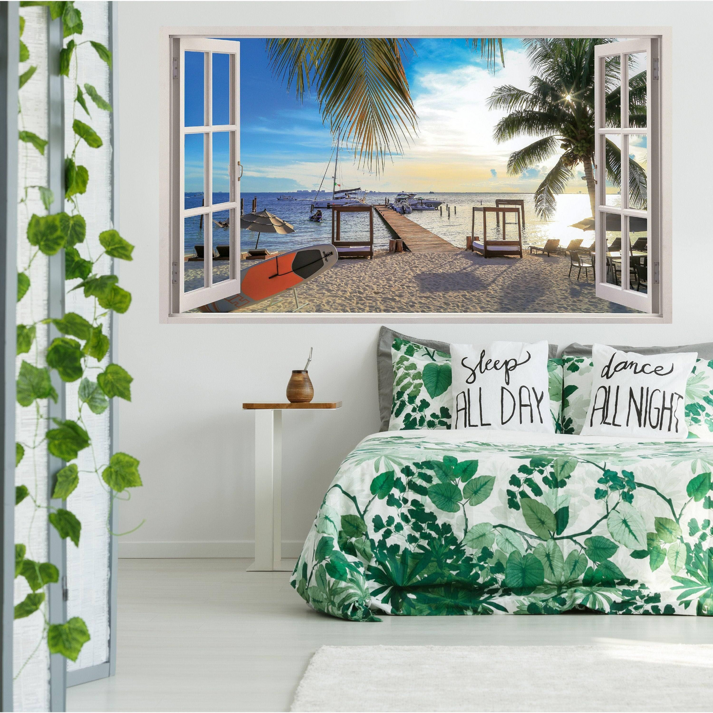 3d Window Beach View Wall Sticker - Removable Bedroom Ocean Scene Vinyl Room Decal - Large Tropical Picture Frame Landscape Decoration