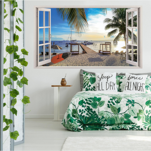 3d Window Beach View Wall Sticker - Removable Bedroom Ocean Scene Vinyl Room Decal - Large Tropical Picture Frame Landscape Decoration