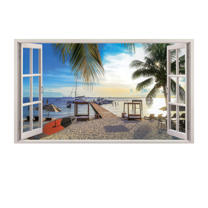 3d Window Beach View Wall Sticker - Removable Bedroom Ocean Scene Vinyl Room Decal - Large Tropical Picture Frame Landscape Decoration