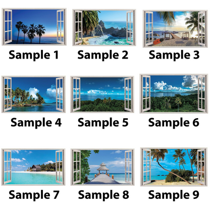 3d Window Beach View Wall Sticker - Removable Bedroom Ocean Scene Vinyl Room Decal - Large Tropical Picture Frame Landscape Decoration