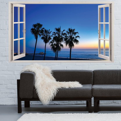 3d Window Beach View Wall Sticker - Removable Bedroom Ocean Scene Vinyl Room Decal - Large Tropical Picture Frame Landscape Decoration