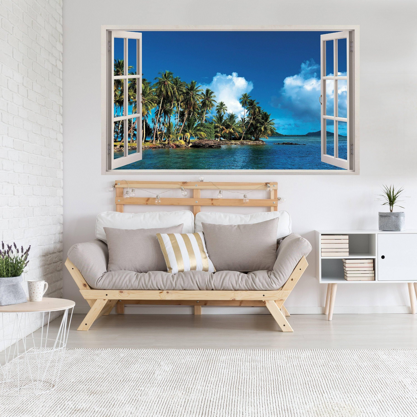 3d Window Beach View Wall Sticker - Removable Bedroom Ocean Scene Vinyl Room Decal - Large Tropical Picture Frame Landscape Decoration