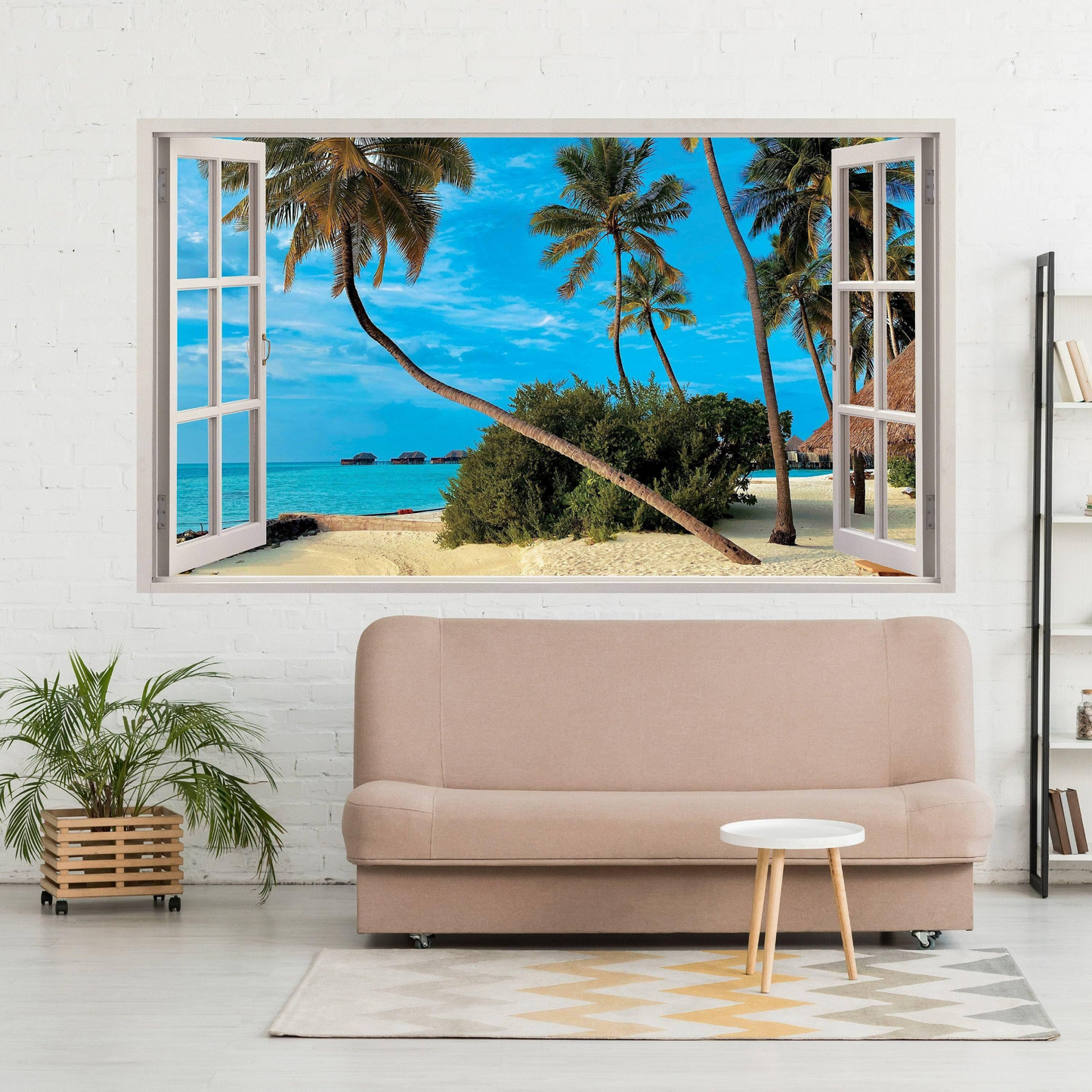 3d Window Beach View Wall Sticker - Removable Bedroom Ocean Scene Vinyl Room Decal - Large Tropical Picture Frame Landscape Decoration
