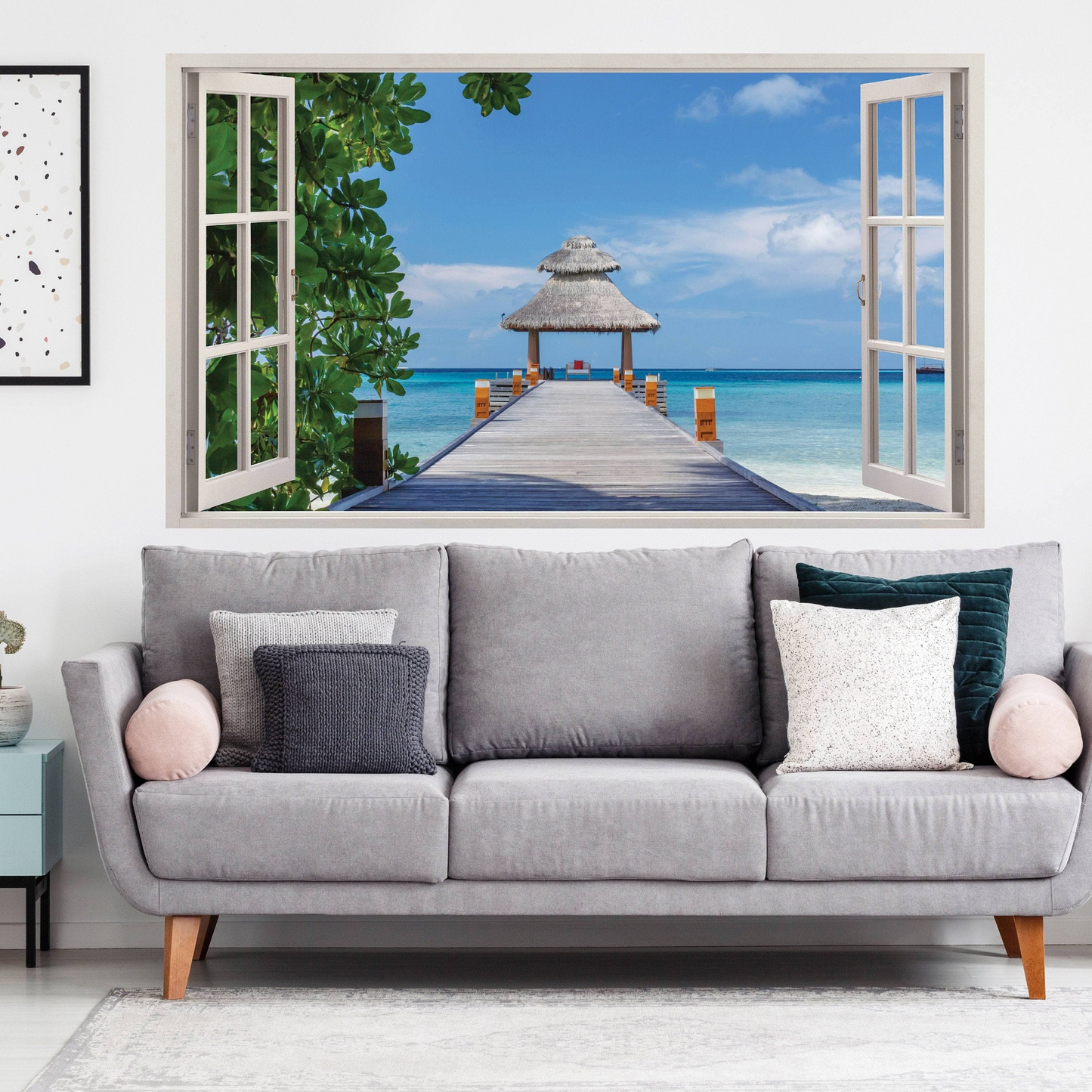 3d Window Beach View Wall Sticker - Removable Bedroom Ocean Scene Vinyl Room Decal - Large Tropical Picture Frame Landscape Decoration