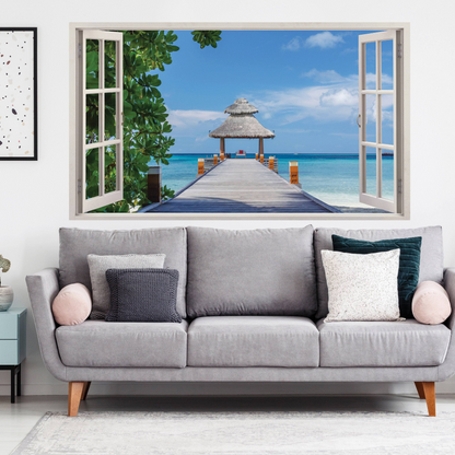 3d Window Beach View Wall Sticker - Removable Bedroom Ocean Scene Vinyl Room Decal - Large Tropical Picture Frame Landscape Decoration