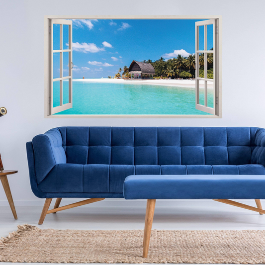 3d Window Beach View Wall Sticker - Removable Bedroom Ocean Scene Vinyl Room Decal - Large Tropical Picture Frame Landscape Decoration