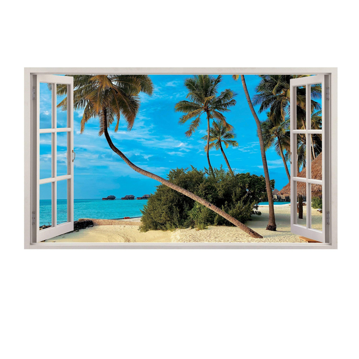 3d Window Beach View Wall Sticker - Removable Bedroom Ocean Scene Vinyl Room Decal - Large Tropical Picture Frame Landscape Decoration