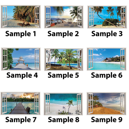 3d Window Beach View Wall Sticker - Removable Bedroom Ocean Scene Vinyl Room Decal - Large Tropical Picture Frame Landscape Decoration