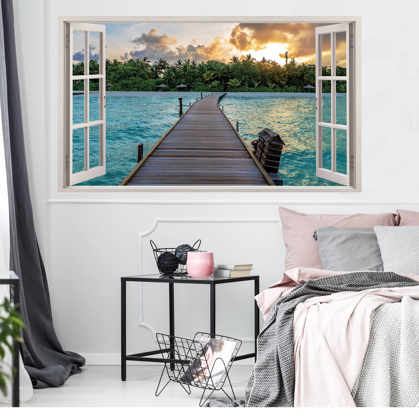 3d Window Beach View Wall Sticker - Removable Bedroom Ocean Scene Vinyl Room Decal - Large Tropical Picture Frame Landscape Decoration