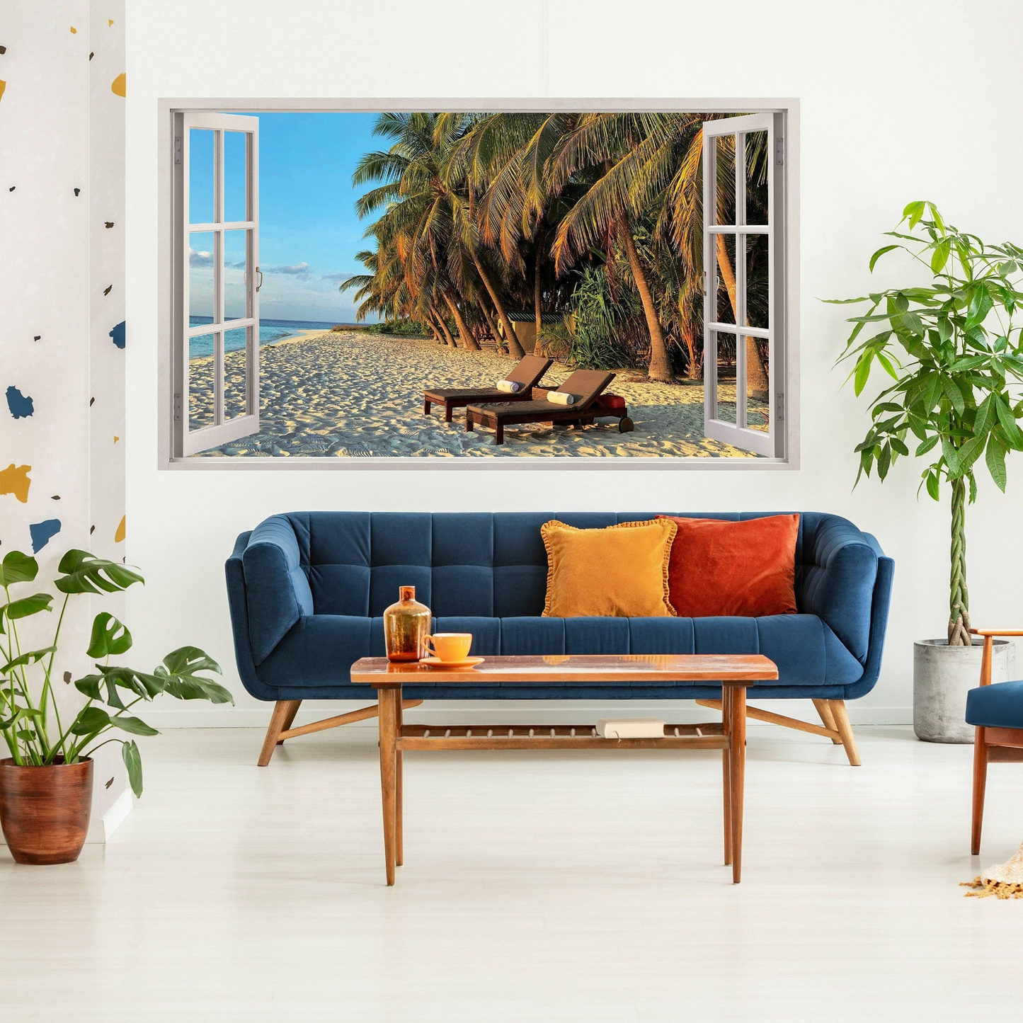 3d Window Beach View Wall Sticker - Removable Bedroom Ocean Scene Vinyl Room Decal - Large Tropical Picture Frame Landscape Decoration