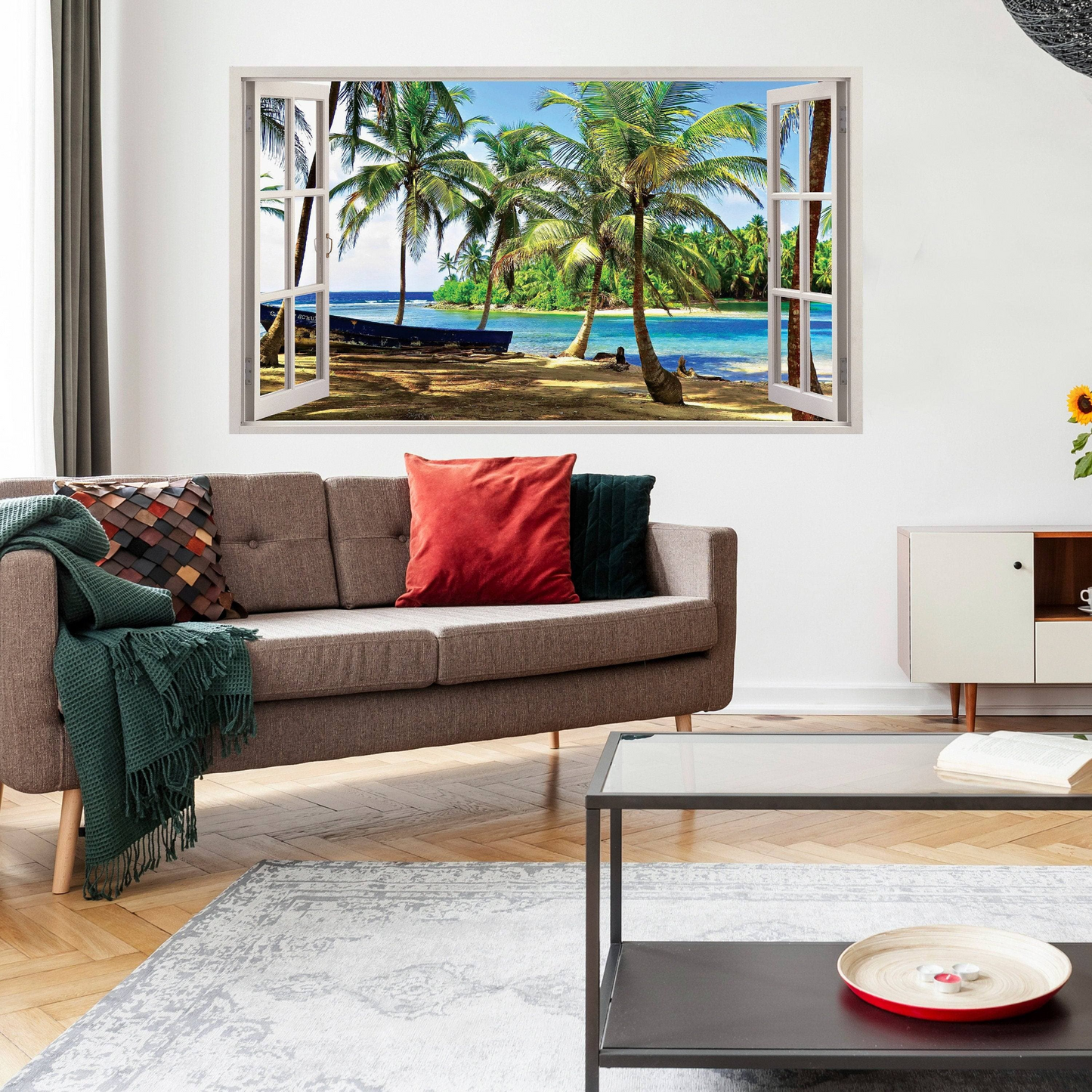 3d Window Beach View Wall Sticker - Removable Bedroom Ocean Scene Vinyl Room Decal - Large Tropical Picture Frame Landscape Decoration