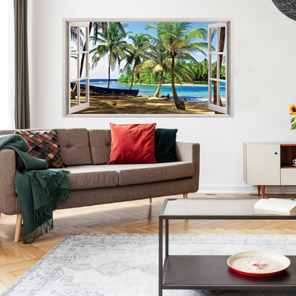 3d Window Beach View Wall Sticker - Removable Bedroom Ocean Scene Vinyl Room Decal - Large Tropical Picture Frame Landscape Decoration