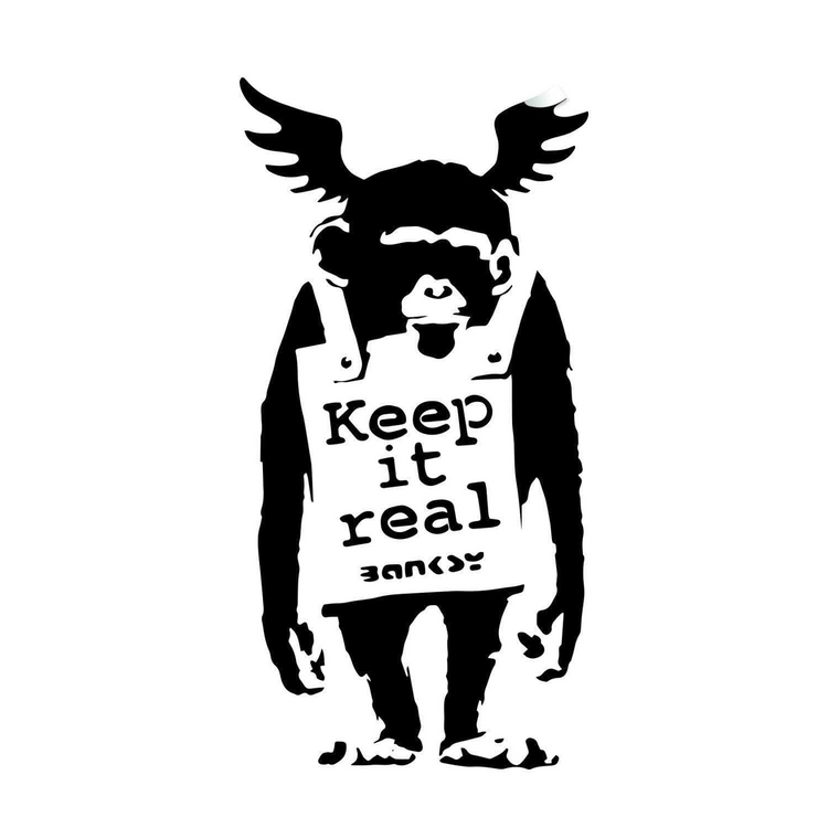 a black and white stencil of a monkey with wings and a sign