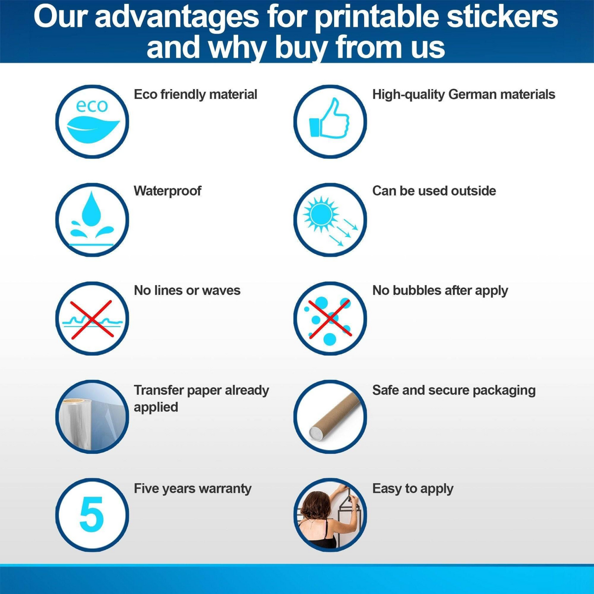 a white background with blue circles and icons