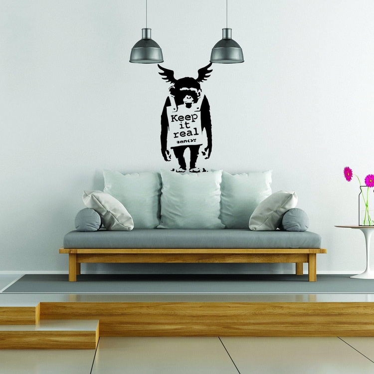 a couch with a sticker on the wall