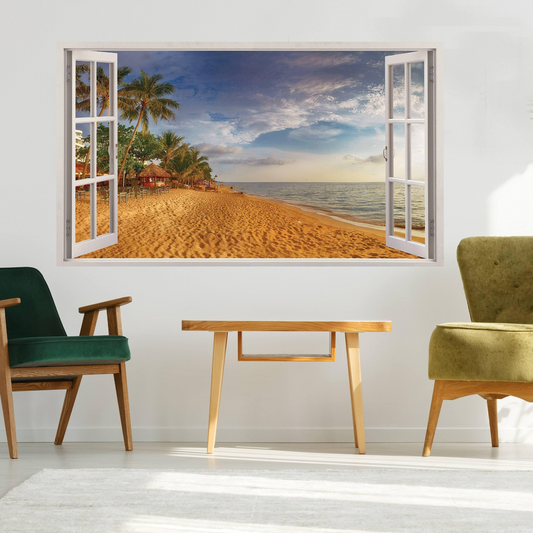 3d Window Beach View Wall Sticker - Removable Bedroom Ocean Scene Vinyl Room Decal - Large Tropical Picture Frame Landscape Decoration