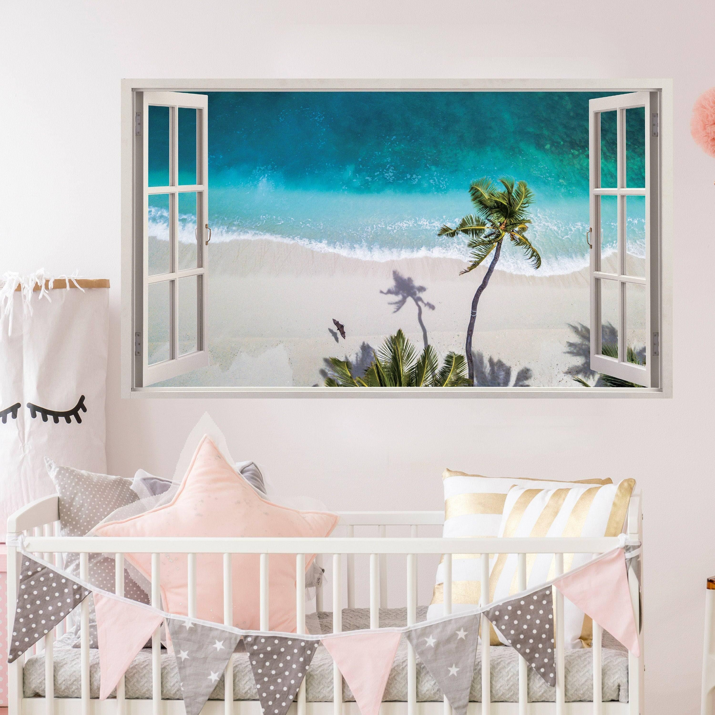 3d Window Beach View Wall Sticker - Removable Bedroom Ocean Scene Vinyl Room Decal - Large Tropical Picture Frame Landscape Decoration