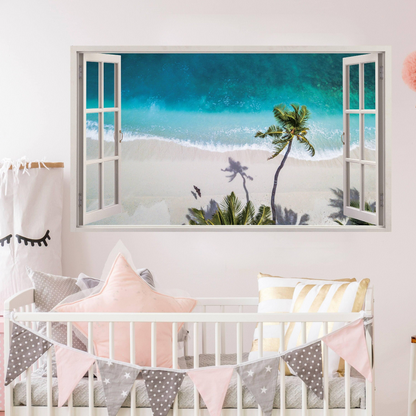 3d Window Beach View Wall Sticker - Removable Bedroom Ocean Scene Vinyl Room Decal - Large Tropical Picture Frame Landscape Decoration
