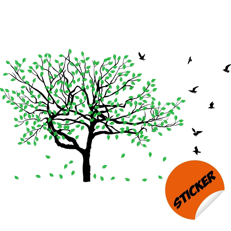 a tree with green leaves and birds flying