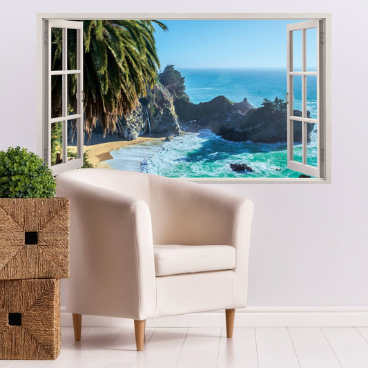 3d Window Beach View Wall Sticker - Removable Bedroom Ocean Scene Vinyl Room Decal - Large Tropical Picture Frame Landscape Decoration