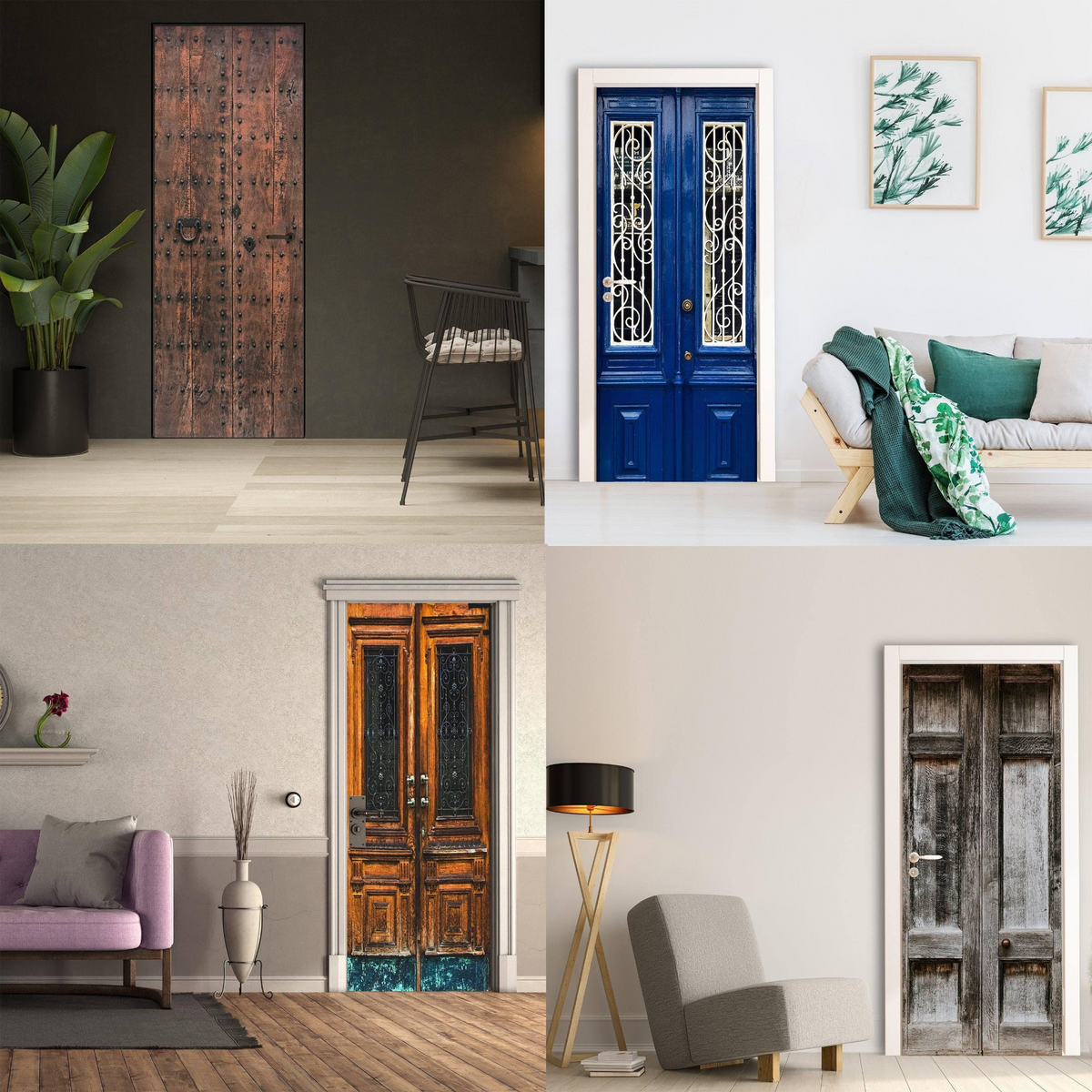a collage of different doors