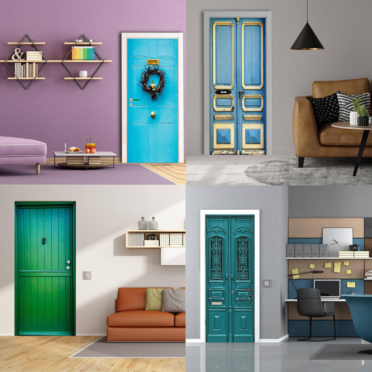 a collage of different rooms