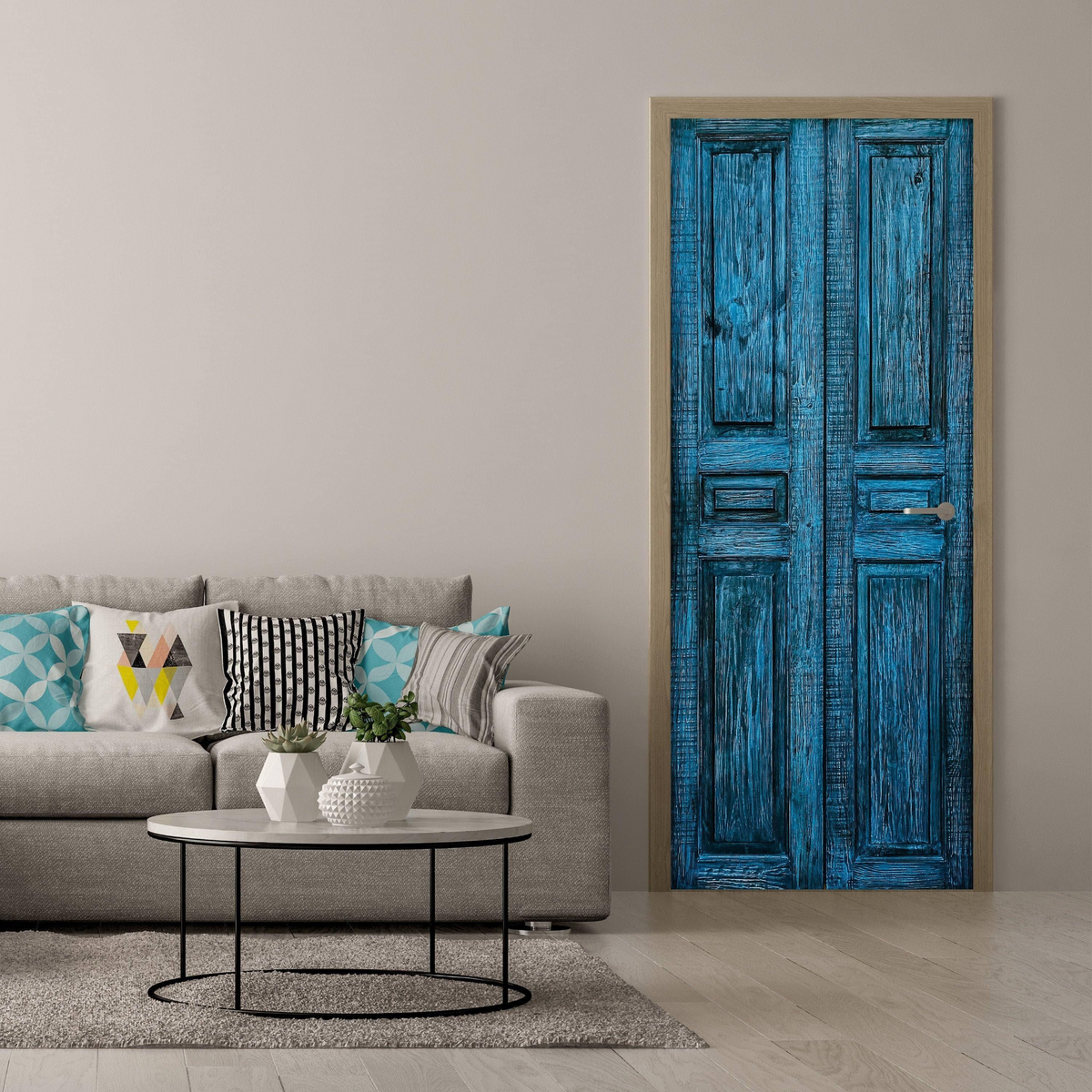 a blue door in a room