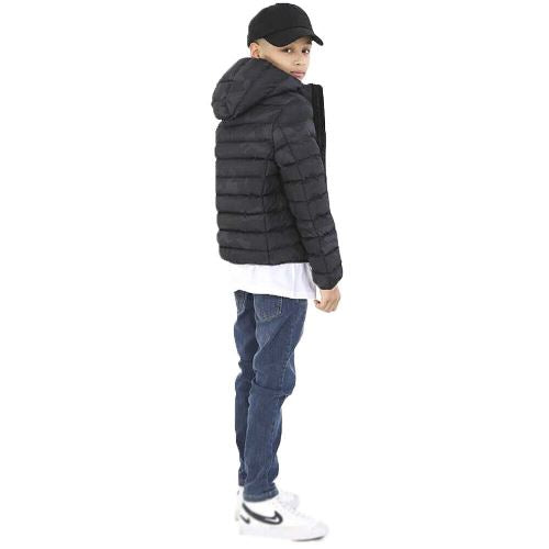 a boy wearing a black jacket and hat