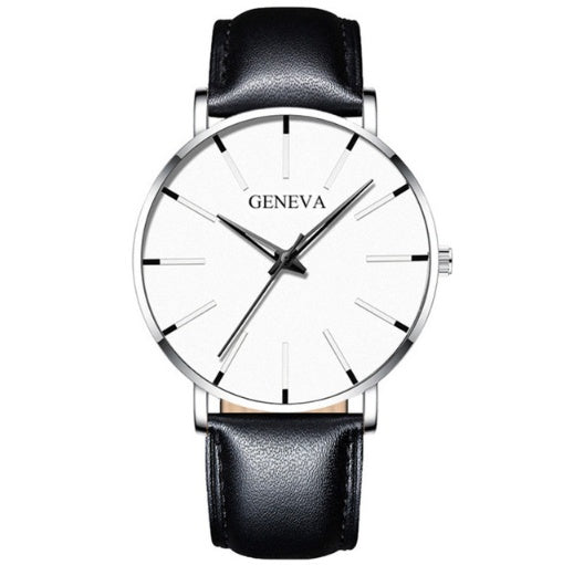 a watch with a black leather band