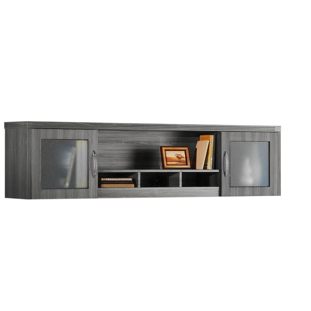 a shelf with glass doors