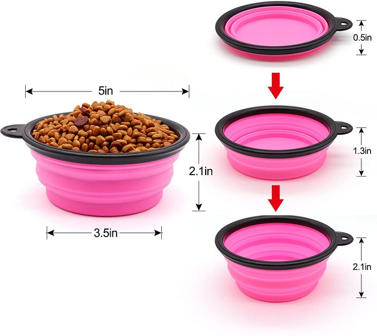 a pink bowl with food in it
