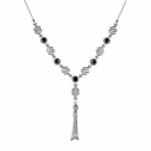Sterling Silver Filigree Art Black Onyx Citrine Prasiolite Gemstone Y Design Tassel Choker Necklace