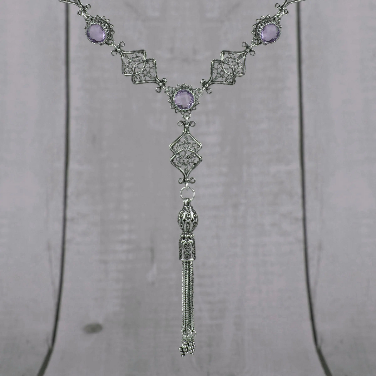 Sterling Silver Filigree Amethyst / Blue Topaz Tassel Choker Necklace