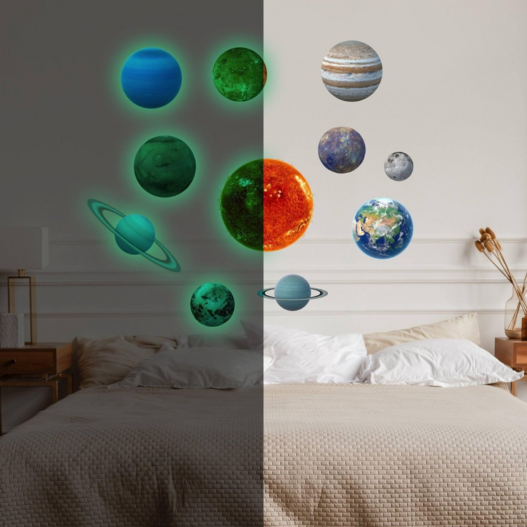 a bedroom with a bed and planets