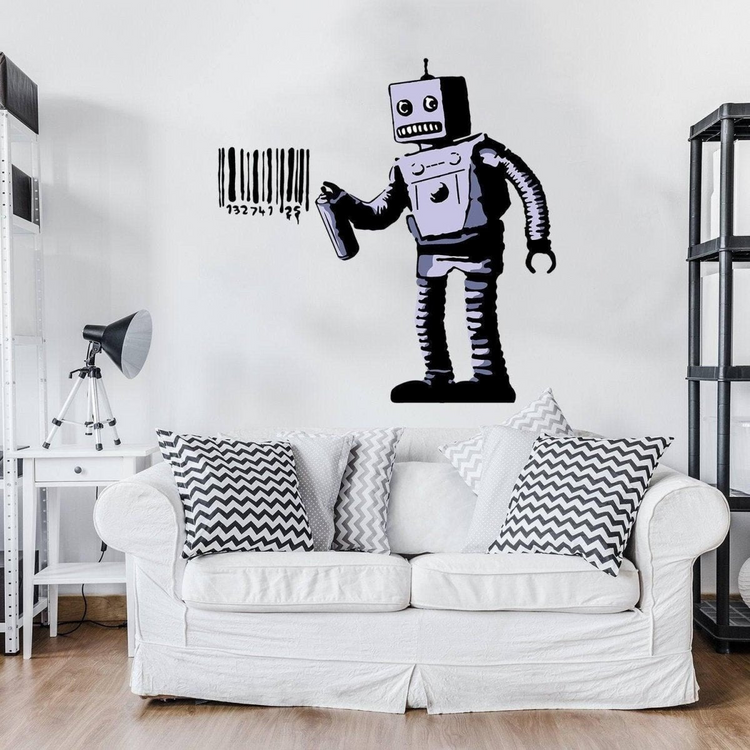 a white couch with a robot drawing on it