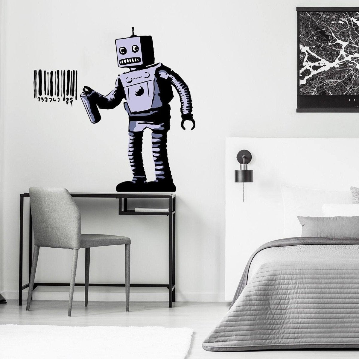 a room with a desk and a table and a robot