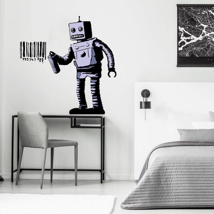 a room with a desk and a table and a robot