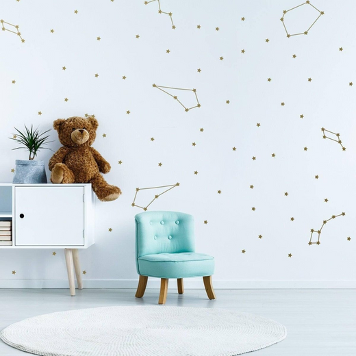 Constellations Vinyl Wall Stickers - Zodiac Star Space Ceiling Art Decals - Gold Stars Astronomy Set - Kids Bedroom Nursery Decor