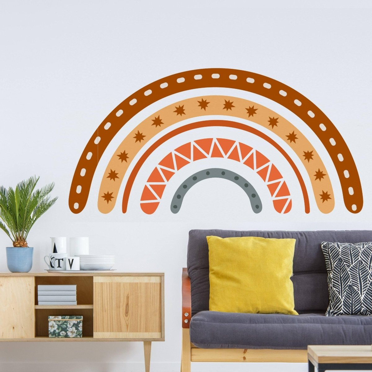 Boho Rainbow Wall Decal Decor - Bohemian Big Vinyl Wallpaper Sticker For Bedroom Or Nursery Kid Room - Large Pastel Art Girl Baby Mural