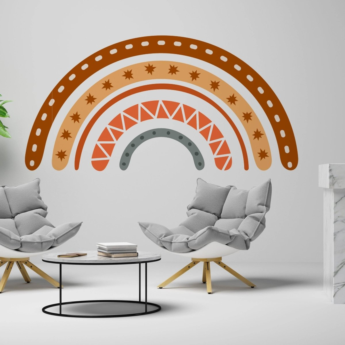 a room with chairs and a wall mural