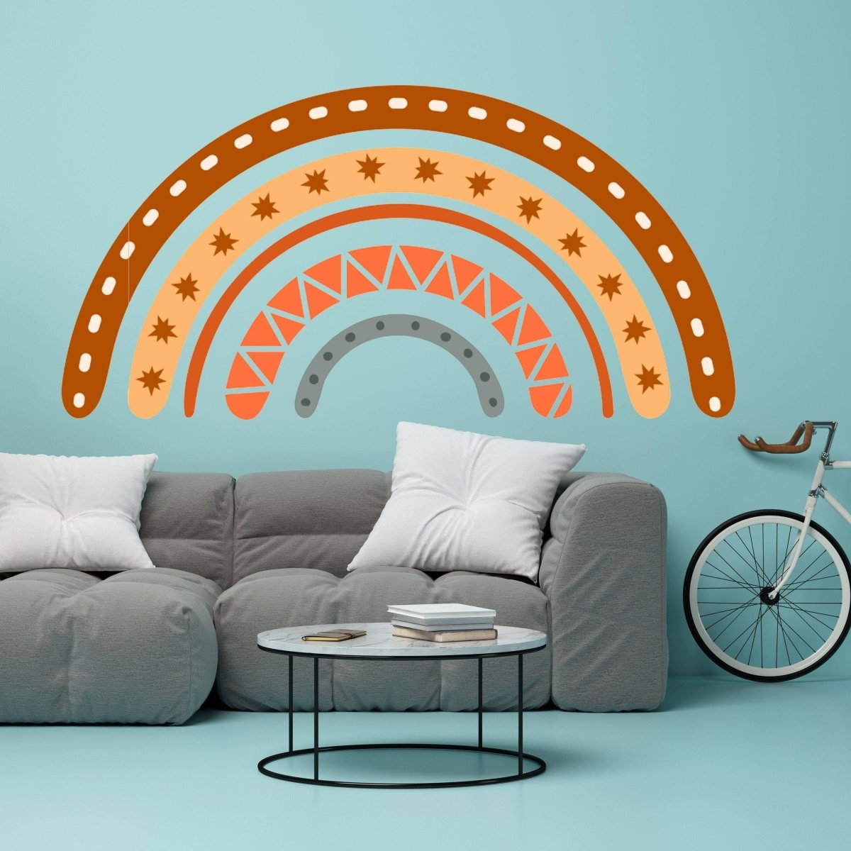 a couch with a coffee table and a bike