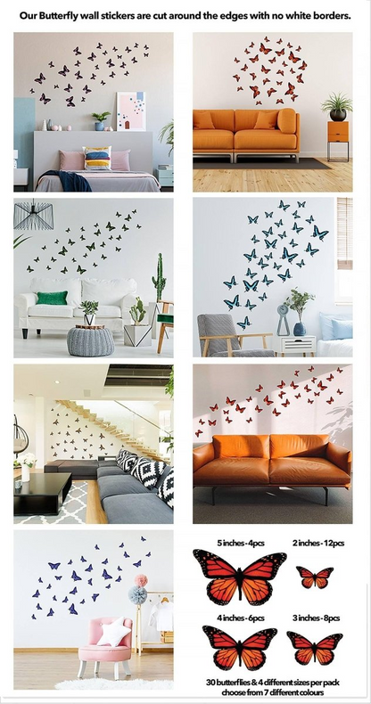 30 Butterfly Wall Decor Stickers - Art Decorations Decals For Girl Room Bedroom - Baby Kids Girls Pink Nursery Sticker - 3d Party Decoration