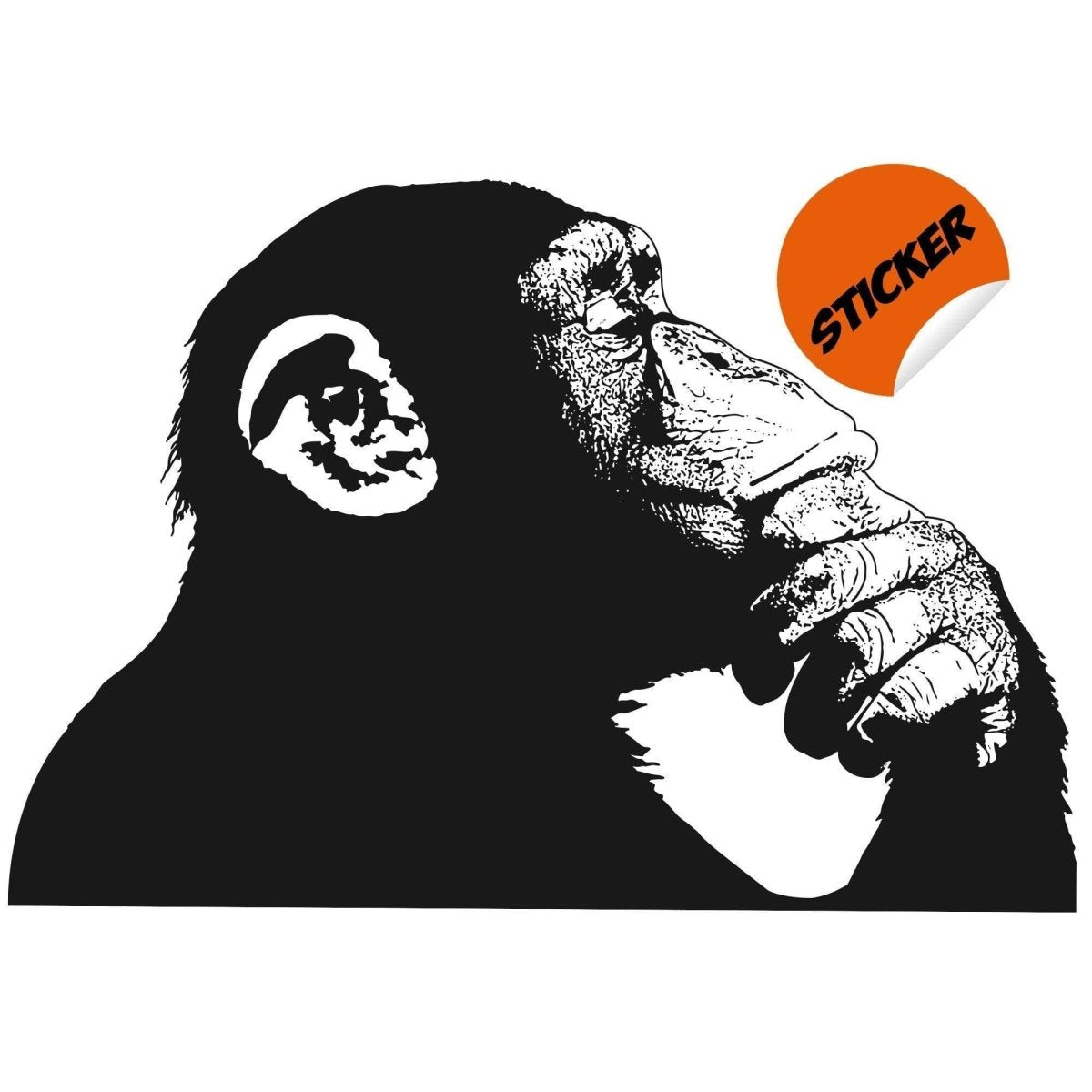 a black and white picture of a monkey with a sticker