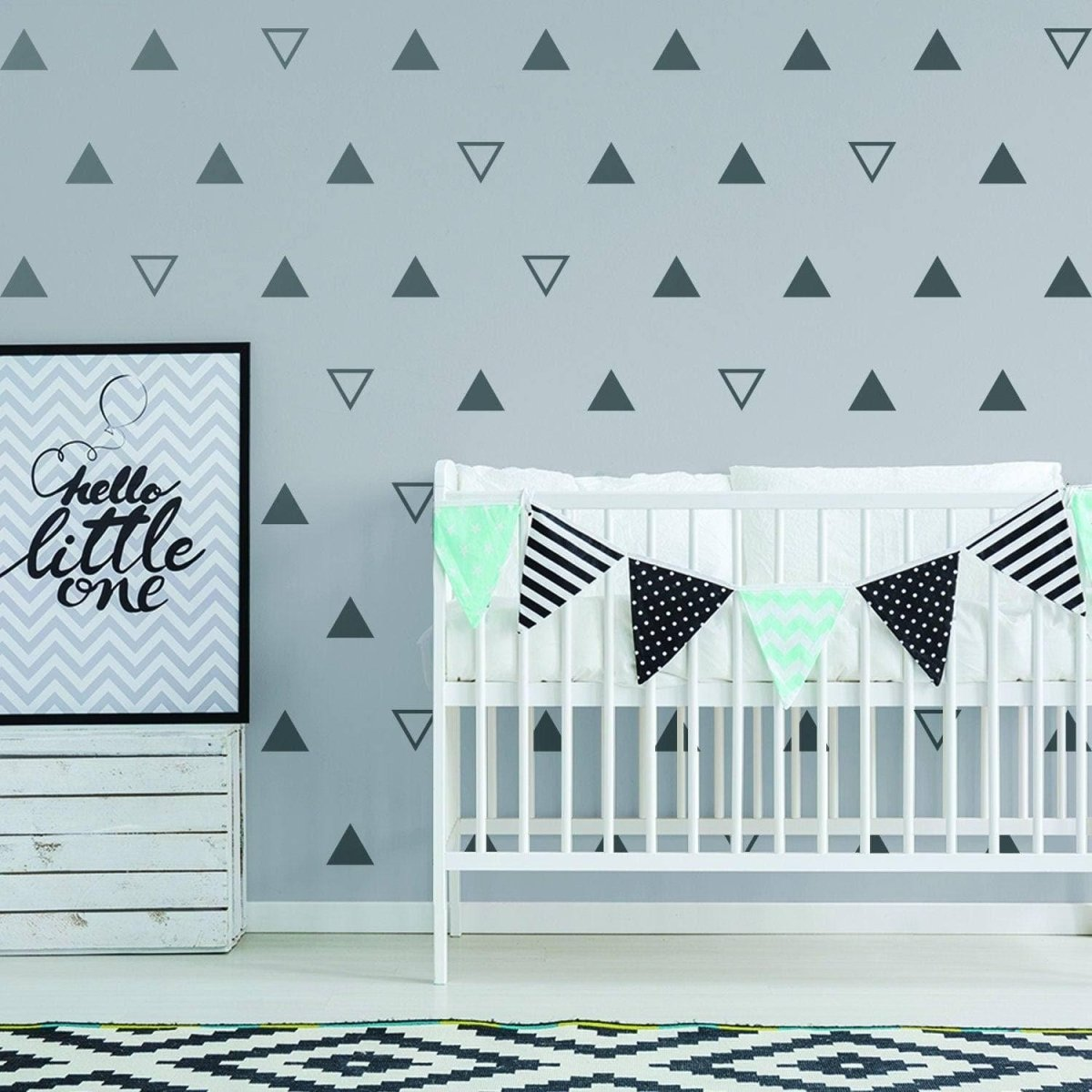 40x Triangle Wall Vinyl Decals - Nursery Kids Room Black Stickers For Decor - White Geometric Baby Removable Sticker Shapes Pattern Decal