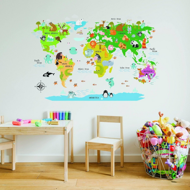 a table and chairs with a map on the wall