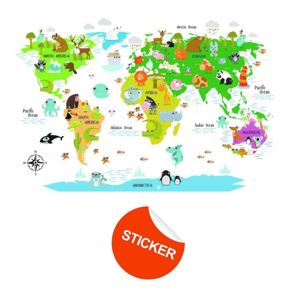 Kids World Map Wall Decal - Country Animal Room Decor Vinyl Sticker For Nursery - Peel And Stick Art Of Education Bedroom Playroom Mural
