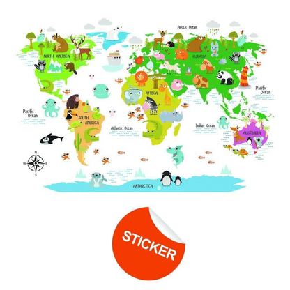Kids World Map Wall Decal - Country Animal Room Decor Vinyl Sticker For Nursery - Peel And Stick Art Of Education Bedroom Playroom Mural