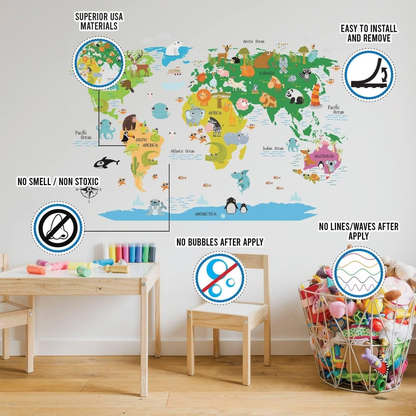 Kids World Map Wall Decal - Country Animal Room Decor Vinyl Sticker For Nursery - Peel And Stick Art Of Education Bedroom Playroom Mural