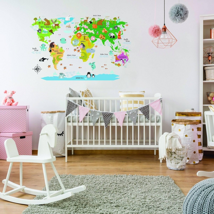 Kids World Map Wall Decal - Country Animal Room Decor Vinyl Sticker For Nursery - Peel And Stick Art Of Education Bedroom Playroom Mural